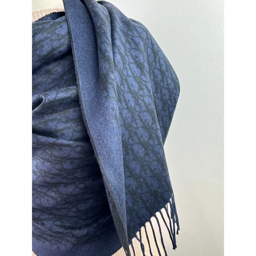 DIOR Oblique Navy Black Double-Sided Scarf Cashmere Fringed Edges Around Neck